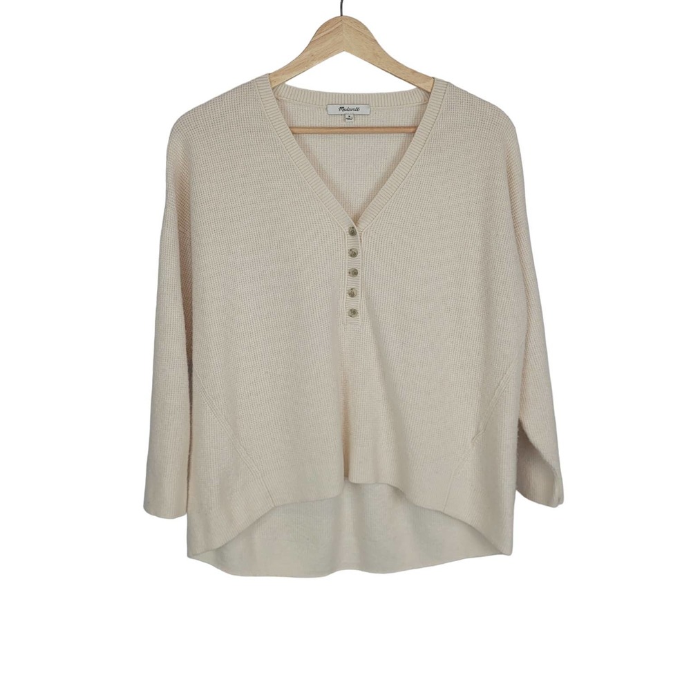 Madewell Cream Waffle Knit Sweater V Neck Quarter Button Down #462